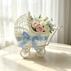 Woven Rattan Shaped Flower Basket with Wheels and Handle Cute Rural Decor for Weddings Party Multifunctional Flower Candy Display,Gifts for Friends, Coworkers, Family, and Girlfriends(Yellow)
