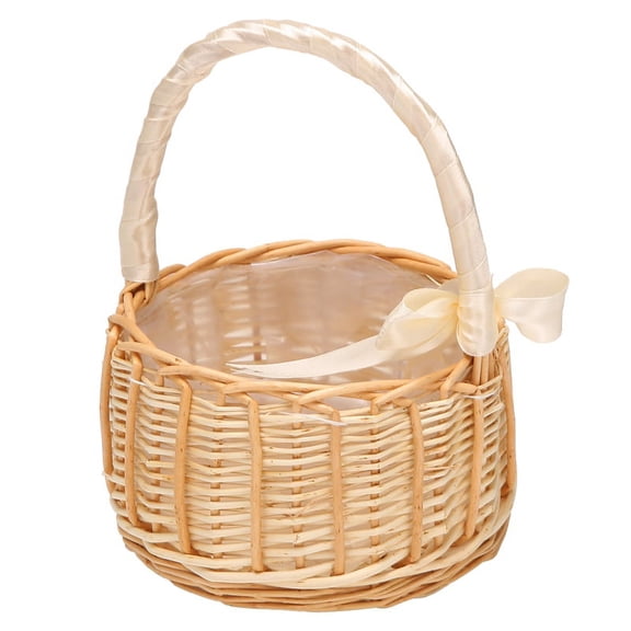Woven Rattan Storage Basket Flower Girl Hand Basket Handmade with Bow, L