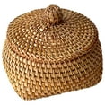 thumbnail image 1 of Woven Rattan Storage Basket with Lid - Multi-Purpose Round Wicker Bin for Shelf Decor, Kitchen, Living Room, Farmhouse Style, Anthropology Home Decor Organizer, 1 of 4