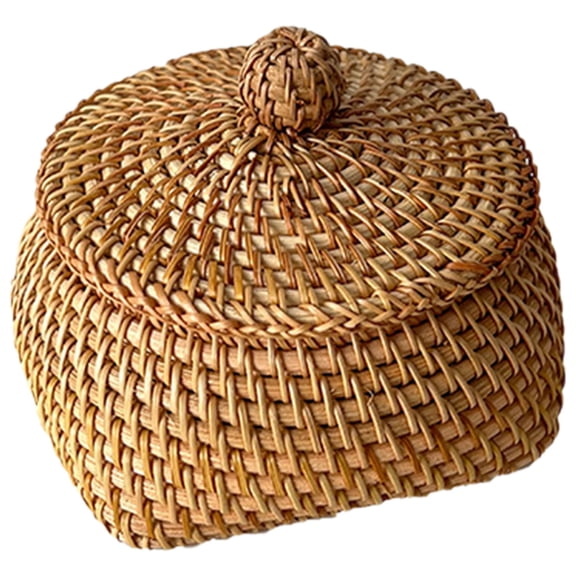 Woven Rattan Storage Basket with Lid - Multi-Purpose Round Wicker Bin for Shelf Decor, Kitchen, Living Room, Farmhouse Style, Anthropology Home Decor Organizer