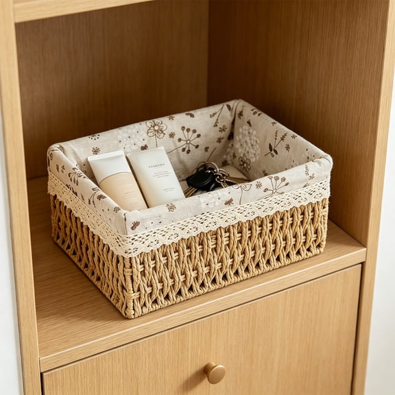 Woven Rattan Storage Basket with Liner, Small Decorative Organizer Bin for Bathroom and Bedroom, Rectangular Bin for Cosmetics Toys and Sundries, Home Decor Caddy for Kitchen and Office