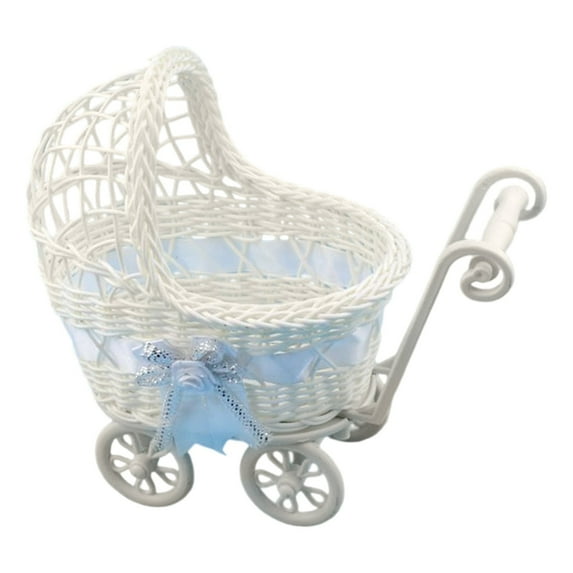 Woven Rattan Stroller Basket - Decorative Baby Carriage for Candy Display, Shower Party Favors, Wedding Centerpieces, and Home Decor with Floral Accents