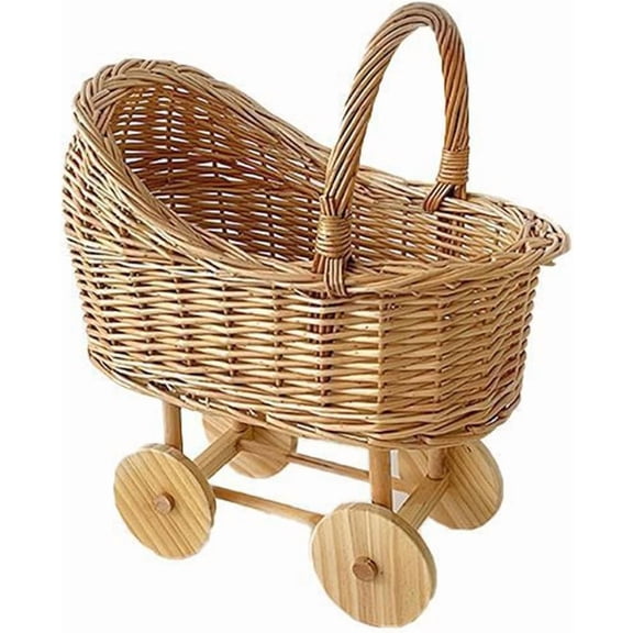 Woven Rattan Stroller Shaped Flower Basket, Vintage Wicker Carriage Basket with Handle, Handwoven Rustic Decoration for Weddings Showers Easy, Floral Arrangements present