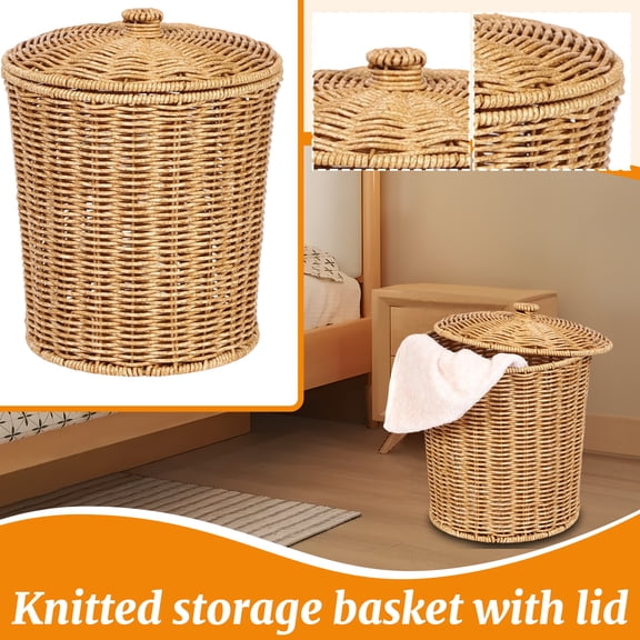 Woven Rattan Style Storage Basket with Lid, Tall Decorative Laundry Hamper for Bathroom and Bedroom, Multi-Purpose Organizer for Blankets and Linens