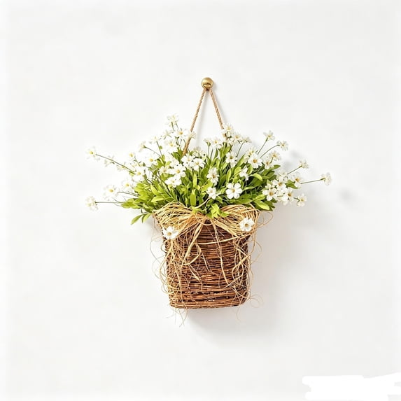 Woven Rattan Wall Basket, Artificial Floral Hanging Wreath, Handmade Door Hanger, 4 Styles Seasonal Decor for Front Door Porch Home Kitchen Wall Ornament