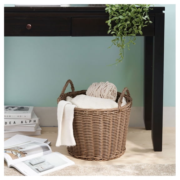 Woven Resin Basket with Handles - 16x16x14.5", Chocolate Brown - Storage for Clothes, Towels, Toys, Magazines - Decorative Cone Basket