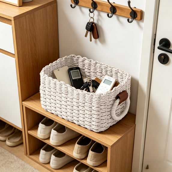 Woven Rope Basket, Natural Paper Rope Organizer, Decorative Storage For Home Bathroom Bedroom Kitchen Office
