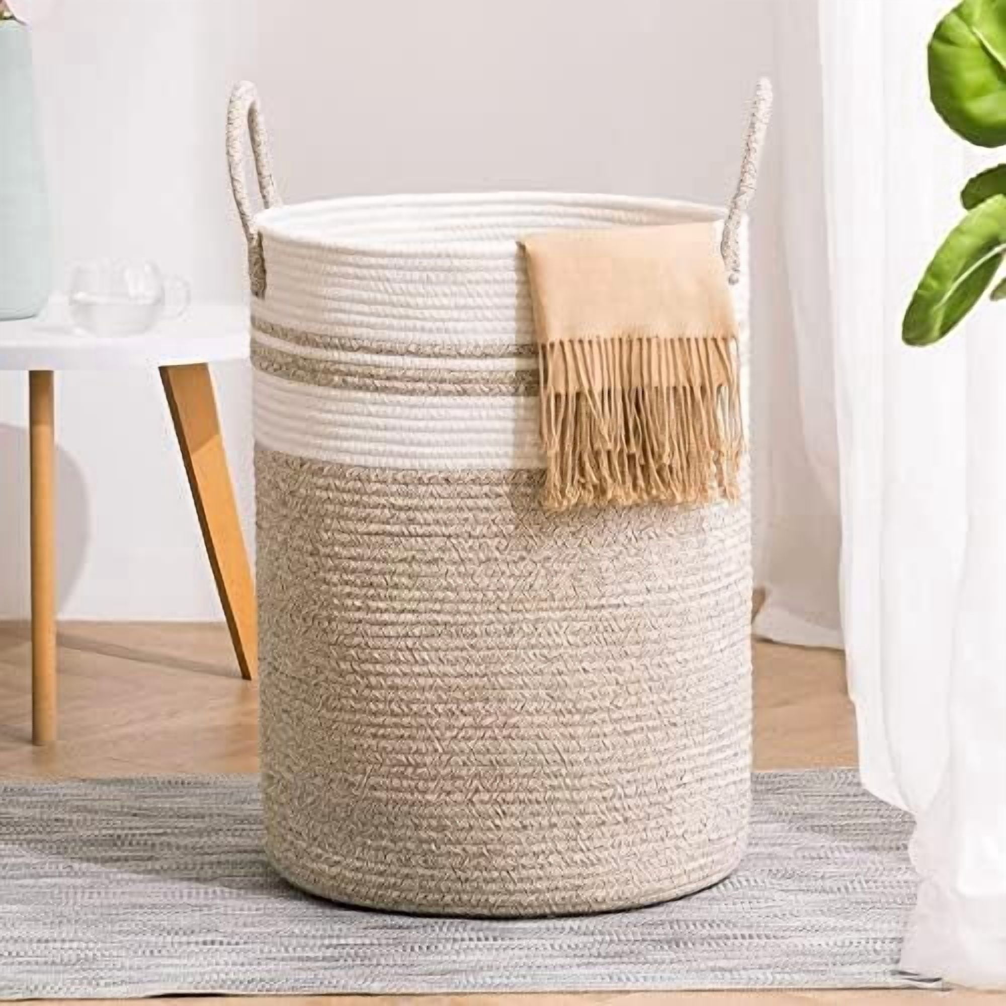 Woven Rope Laundry Hamper Basket, 58L Tall Laundry Basket for Blanket Organizer- Clothes Hamper for Bedroom Storage, Baby Kids Nursery Hamper-Large-Brown