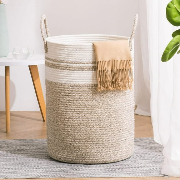 Woven Rope Laundry Hamper Basket, 72L Tall Luandry Basket, Clothes Hamper for Laundry in Bedroom-Large-Black & Brown