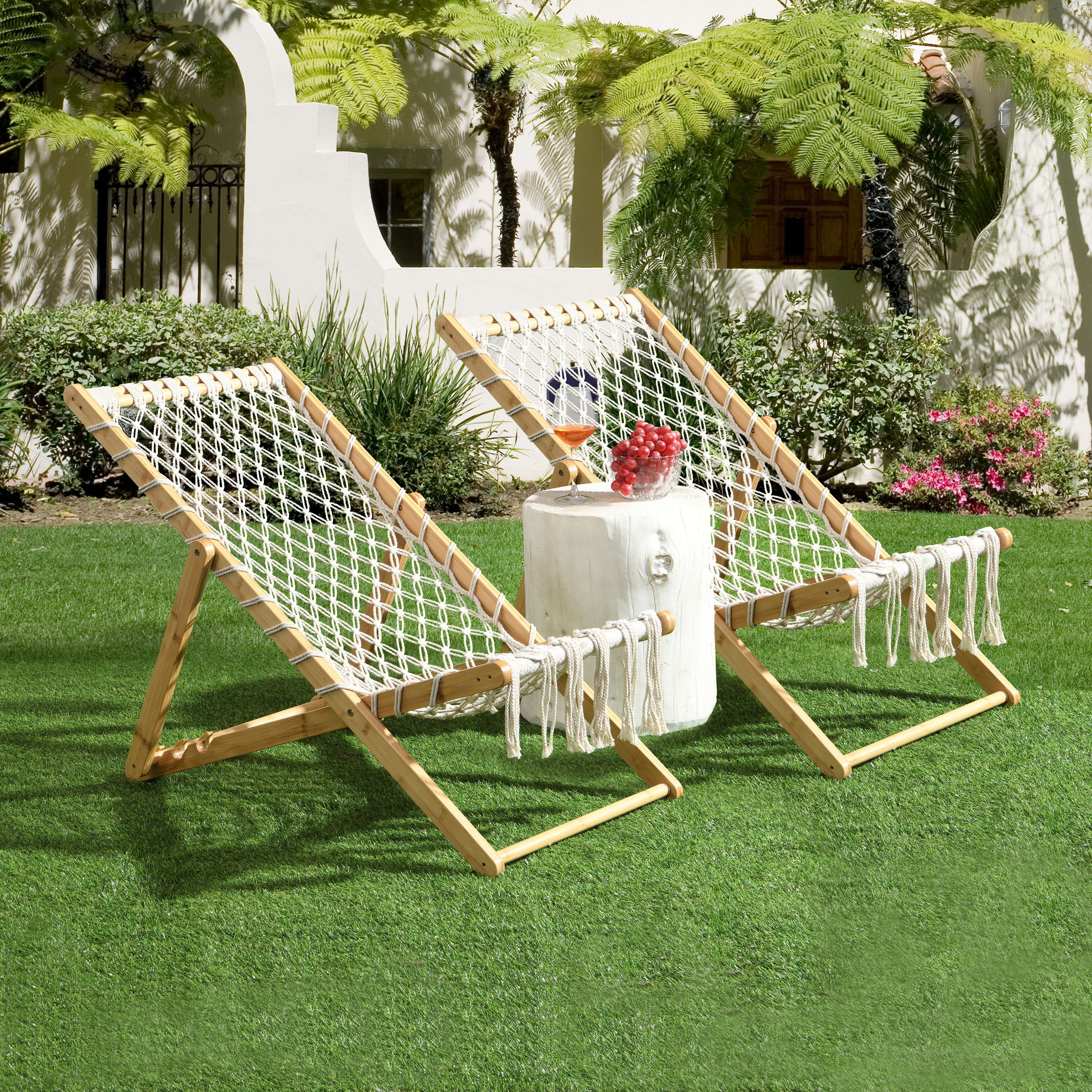 Woven Rope Patio Chair, 2 Pack Handwoven Adjustable Back Folding Leisure Chair for Garden Living Room, Natural