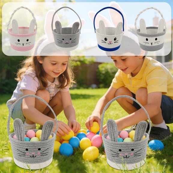 Woven Rope Storage Basket, Cute Bunny Toy Basket for Living Room, Gift Baskets Empty for Snack Storage Toy Organizer (Dark Gray)