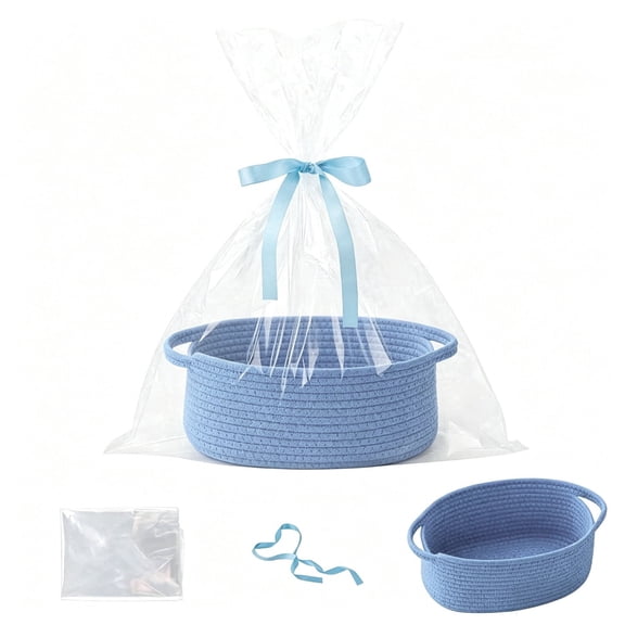 Woven Rope Storage Basket with Handle, Empty Gift Basket with Bag and Ribbon, Portable Decorative Organizer Box for Toy Storage, Home Shelf Decoration
