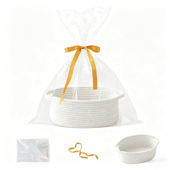 Woven Rope Storage Basket with Handle, Empty Gift Basket with Bag and Ribbon, Portable Decorative Organizer Box for Toy Storage, Home Shelf Decoration