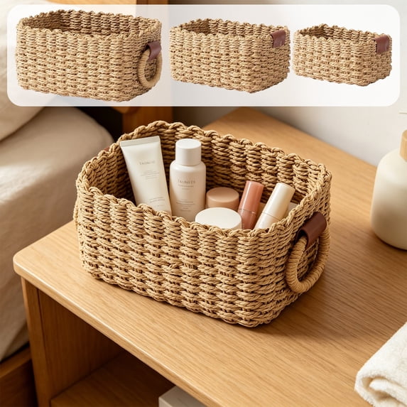Woven Rope Storage Basket Natural Paper Organizer Wicker for Home Bathroom Bedroom Kitchen