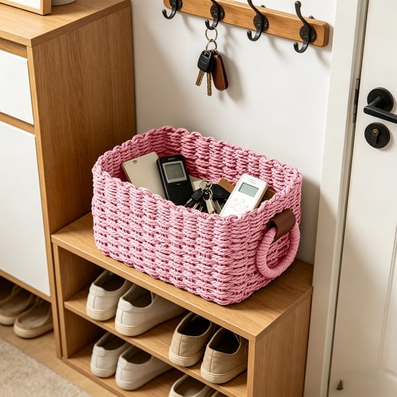 Woven Rope Storage Basket, Natural Paper Rope Organizer Baskets, Decorative Wicker Bin For Bathroom Bedroom Kitchen Office