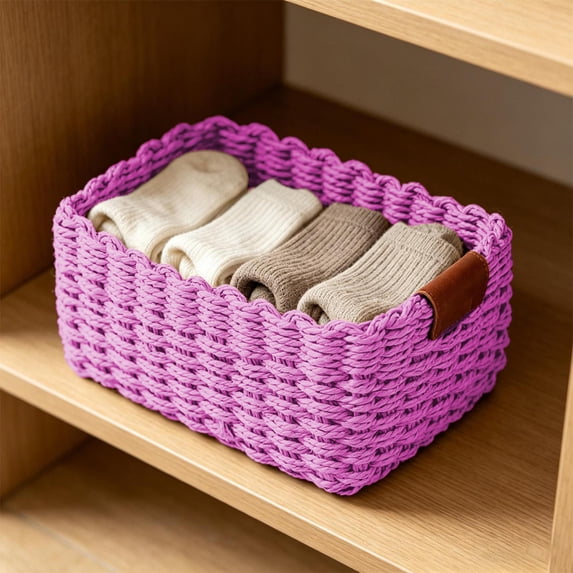 Woven Rope Storage Basket Wicker Baskets ,Natural Paper Rope ,Decorative Storage for Countertop Toilet Paper Basket for Toilet Bedroom Kitchen Small Baskets,Pink,9.1x6.7x4.7in M