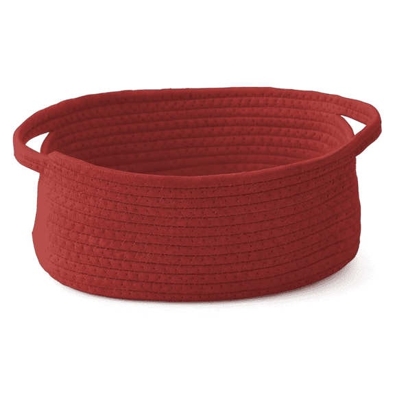 Woven Rope Storage Basket with Handles Ribbon Bag Small Organizer for Shelves Closets Empty Gift Basket for Birthday Books Dog Toys Red