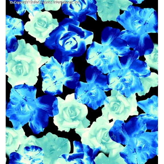 Woven Rose Fabric by the Yard - Large Floral Print Chiffon for Dressmaking Sewing (ROYAL/TURQ/AQUA, HalfaYard)