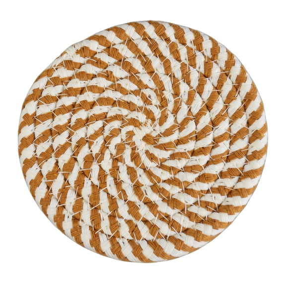 Woven Round Coaster 4.3 Inch Cream White Dark Brown Striped Heat Resistant Pad For Drinks Home Kitchen 1 Pack