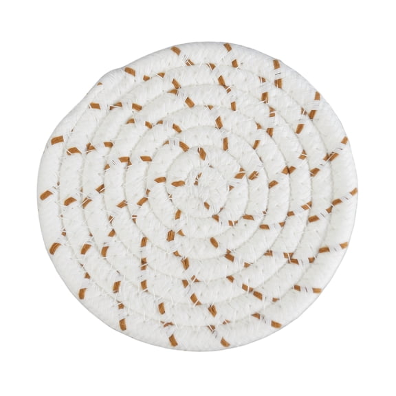 Woven Round Coaster 4.3 Inch Cream White Tan Dots Heat Resistant Pad For Drinks 1 Pack