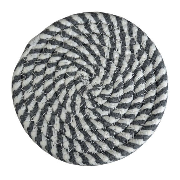 Woven Round Coaster, Cream White Dark Gray Striped 4.3 Inch Heat Resistant Non Slip Cup Mat For Drinks 1 Pack