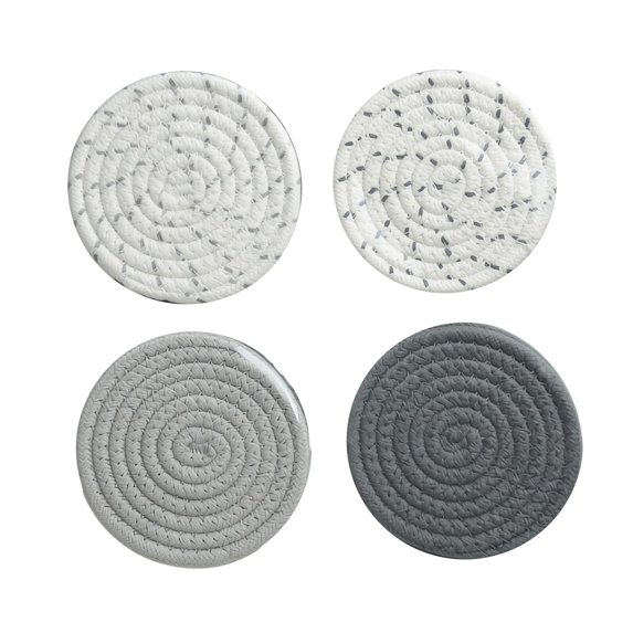Woven Round Coasters 4.3 Inch White And Gray Set Of 4 For Drinks Tabletop Protection