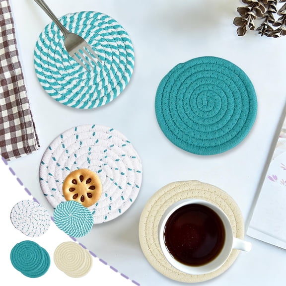 Woven Round Cotton Rope Placemats Set, Heat Resistant Table Mats for Dining, Thermal Insulation Coasters for Hot Dishes, Kitchen Countertop Protectors, Lake Green, by IHXORA