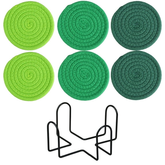 Woven Round Non-Slip Cotton Placemats with Storage Stand - Durable Thermal Insulation Coasters for Kitchen and Dining Table - Versatile Hot Pads for Cooking and Serving - Set of 6