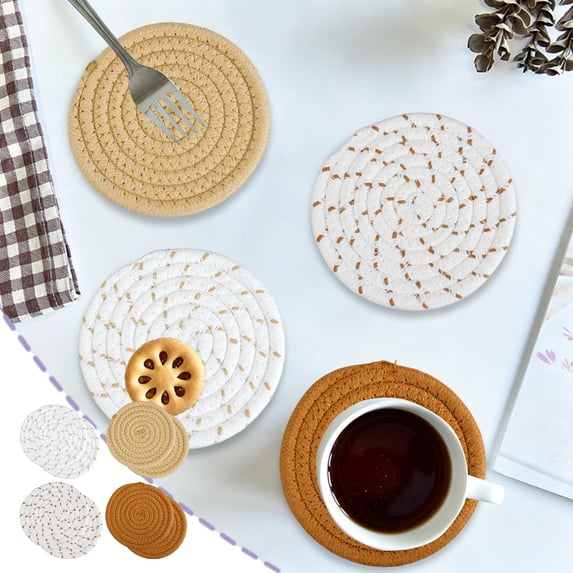 Woven Round Placemats Cotton Rope Table Mats Heat Insulation Coasters for Kitchen Dining Table Decor Waterproof Washable Protective Hot Dish Pad Natural Home Style Rustic Accent