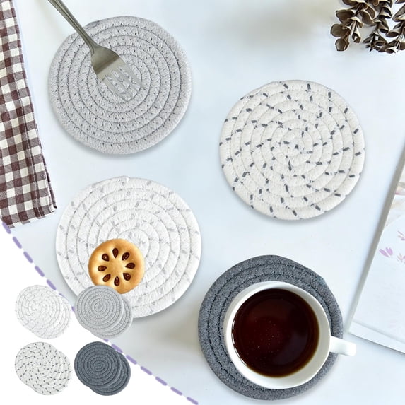 Woven Round Placemats Cotton Rope Table Mats Heat Insulation Coasters for Kitchen Dining Table Decor Waterproof Washable Protective Hot Dish Pad Natural Home Style Rustic Accent