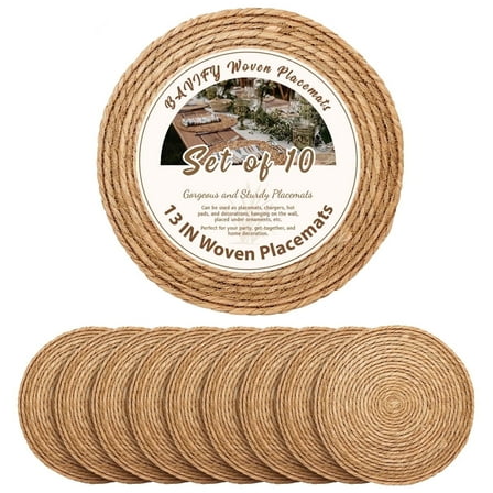 Round Woven Placemats Set of 10, 13 Inch Boho Farmhouse Rustic Woven Place Mats for Dining Table Decor, Rattan Wicker Table Mats Chargers for Dinner Plates