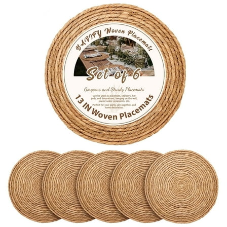 Round Woven Placemats Set of 6, 13 Inch Boho Farmhouse Rustic Woven Place Mats for Dining Table Decor, Rattan Wicker Table Mats Chargers for Dinner Plates