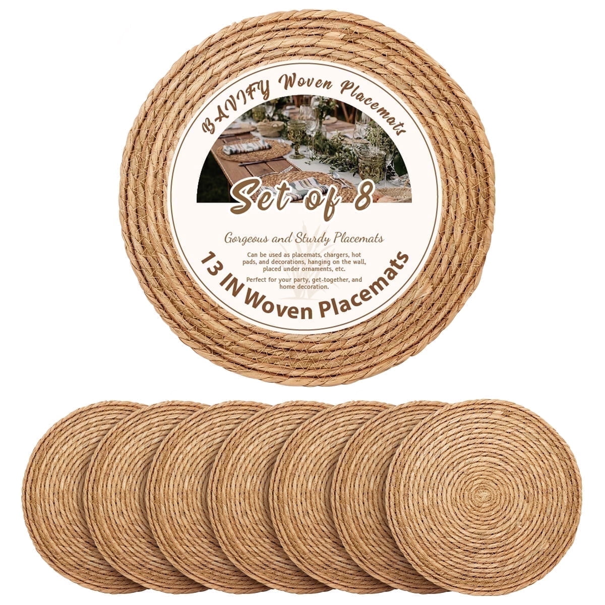 Round Woven Placemats Set of 8, 13 inch Boho Farmhouse Rustic Woven Place Mats for Dining Table Decor, Rattan Wicker Table Mats Chargers for Dinner Plates