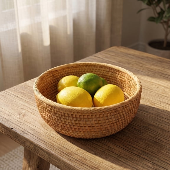 Woven Round Serving Tray Flat Wicker Countertop Platter Rattan Fruit Basket Bowl Decorative Table Organizer Deepened Shallow Basket Open Rim Storage Containers Trio Sorting Trunk Medium Size