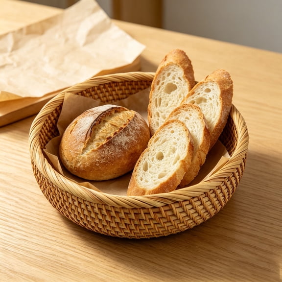 Woven Round Serving Tray Rattan Fruit Basket Bowl Flat Wicker Countertop Platter Decorative Table Organizer Shallow Bread Plate Woven Tabletop Container for Kitchen Dining Room Small Size