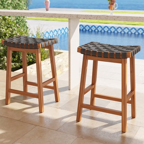 Woven Saddle Bar Stools Set of 2 Leather Counter Height Kitchen Barstool for Kithcen Island, Outdoor Patio Dining Chairs