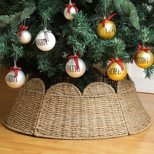 Woven Scallop Christmas Tree Collar 24-inch Rattan Christmas Tree Ring Farmhouse Natural Woven Rustic Base Cover Skirt for Xmas Decoration$$Home Decor, Kitchen, & Other
