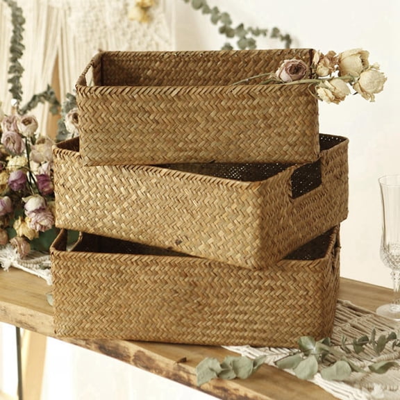 Woven Seagrass Basket - Natural Straw Wicker Storage for Fruit, Bread, Towels Ideal for , B
