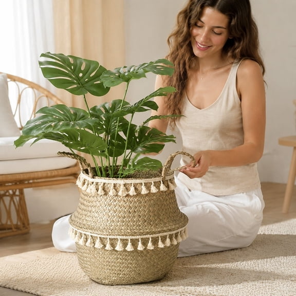 Woven Seagrass Basket With Tassel Pot Cover With Handles, Boho Decorative Wicker Storage Bin for Indoor Planter Home Decor, 5 Sizes Natural Bulrush Foldable Basket for Living Room Balcony