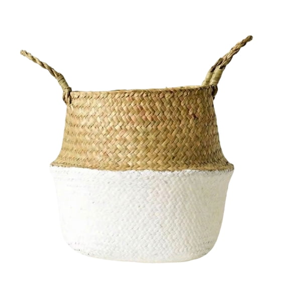 Woven Seagrass Belly Basket with Handles, White Small Storage Basket 9.4in Opening 10.6in Belly, Handmade Plant Pot Cover Laundry Organizer Boho Home Home Decor 1pcs B