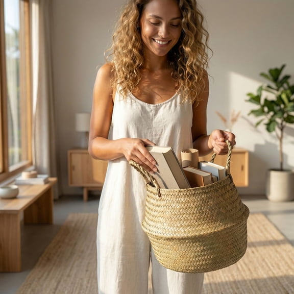 Woven Seagrass Belly Basket for Storage Plant Pot and Laundry, Picnic and Grocery Basket, Wicker Seagrass Planter for Tall Indoor Faux Plants, Decorative Rattan Basket Cover for Houseplants