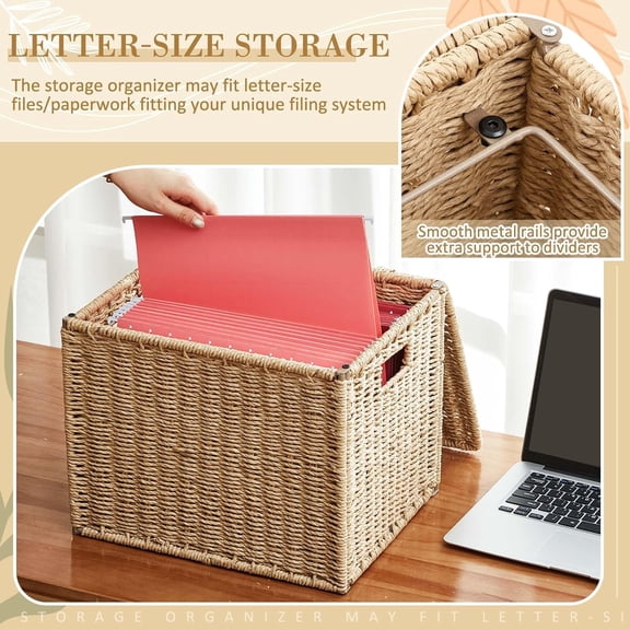 Woven Seagrass File Storage Boxes, Decorative Hanging File Organizer with Lid for Home Office, Letter Size, 2 Pack$$Office