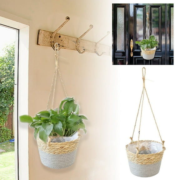 Woven Seagrass Hanging Planter Basket with Rope, Natural Rattan Pot Hanger for Indoor Outdoor Plants, Straw Flower Basket Holder for Home Garden Decor