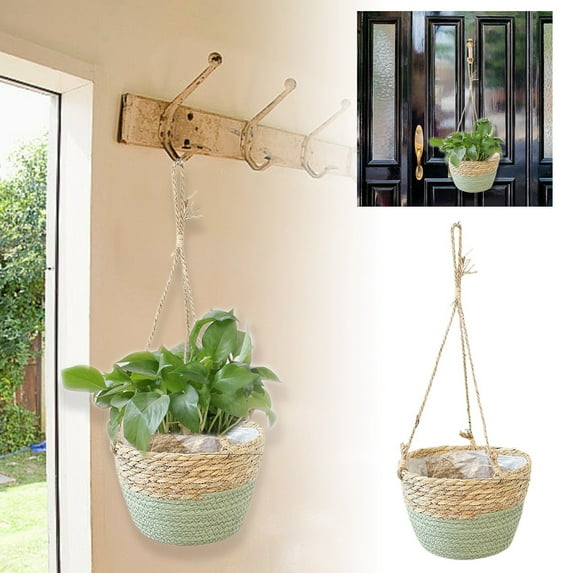 Woven Seagrass Hanging Planter Basket with Rope, Natural Rattan Pot Hanger for Indoor Outdoor Plants, Straw Flower Basket Holder for Home Garden Decor