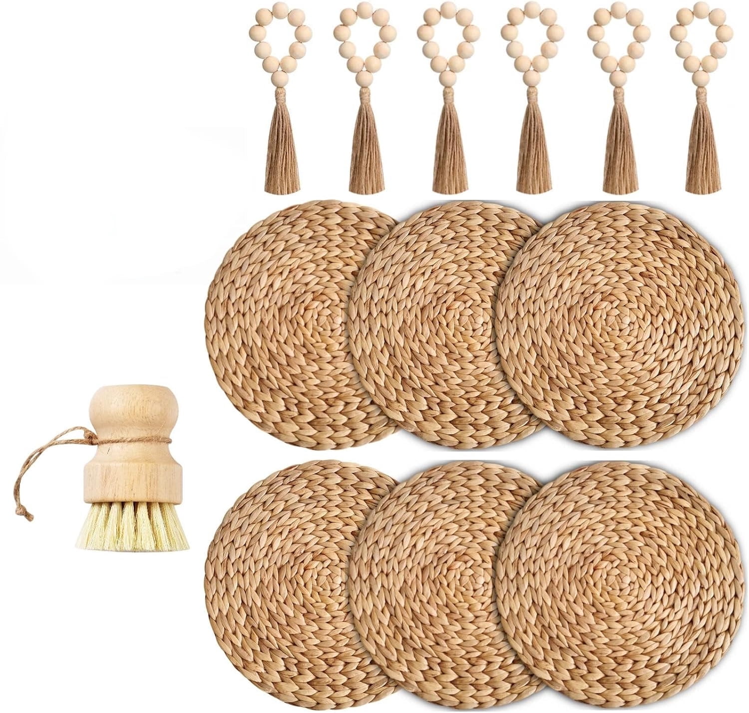 Woven Seagrass Placemats Set of 6, 12" Boho Round Woven Natural Placemats, Wicker & Rattan, Braided Plate Chargers, with Wooden Brush & 6 Napkin Rings (Natural Water Hyacinth)