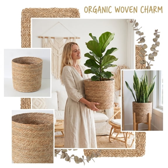 Woven Seagrass Plant Basket, Natural Straw Planter with Handles for Laundry Storage Picnic Home Decorative Bin