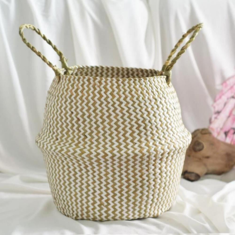 Woven Seagrass Plant Basket - Wicker Belly Basket Planter Indoor with Plastic Liner and Handles, Natural Plant Pot for Fiddle Leaf Fig Tree