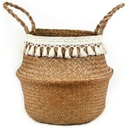 Woven Seagrass Plant Basket - Wicker Belly Basket Planter Indoor with Plastic Liner and Handles, Natural Plant Pot for Fiddle Leaf Fig Tree, Snake Plant and Monster