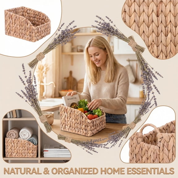 Woven Seagrass Storage Basket Trapezoid Bin,Water Hyacinth Desktop Storage Box for Kitchen,Rustic Wicker Shelf Baskets Countertop Organizer for Pantry Bathroom Closet Office Home Towel Fruit