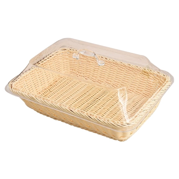 Woven Serving Basket with Acrylic Cover Imitation Rattan Rectangular Storage Basket Bread Fruit Display Organizer for Kitchen Countertop Beige